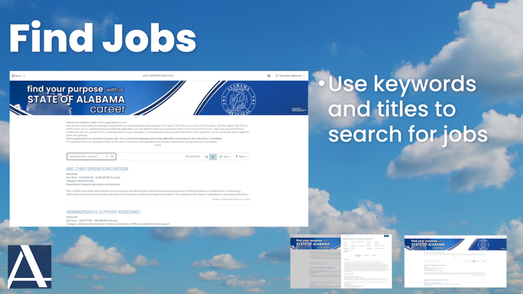 Find Jobs Title text, with screenshots of the NEOGOV website and the instructions: use keywords and titles to search for jobs, on a cloudy day background.