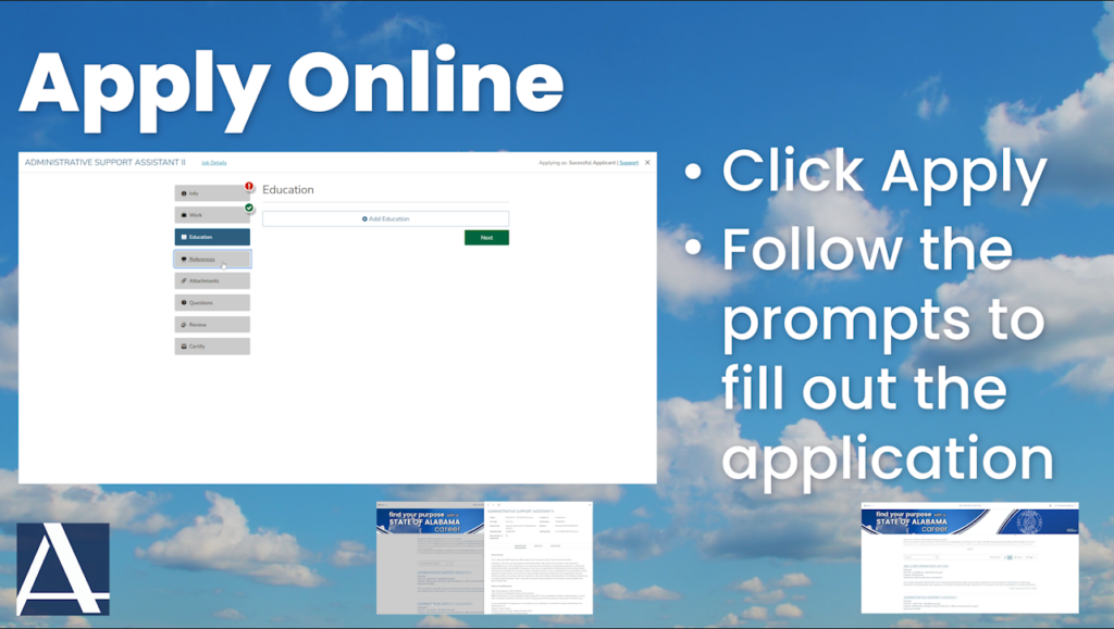 Apply Online Title text, with screenshots of the NEOGOV website and the instructions: Click Apply and Follow the prompts to fill out the application, on a cloudy day background.