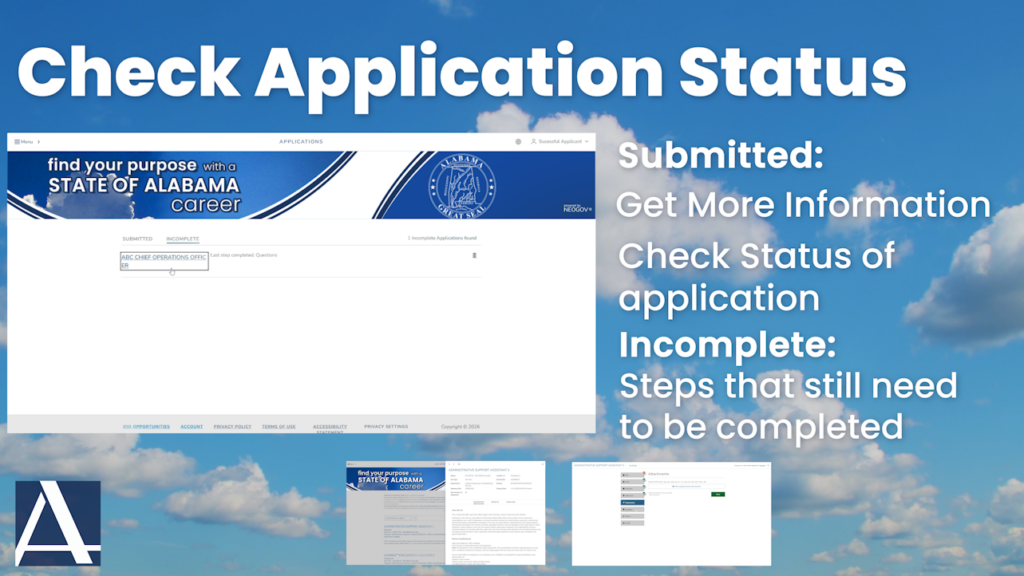 Check Application Status Title text, with screenshots of the NEOGOV website and the explanation: submitted - get more information check status of application and incomplete - steps that still need to be competed, on a cloudy day background.