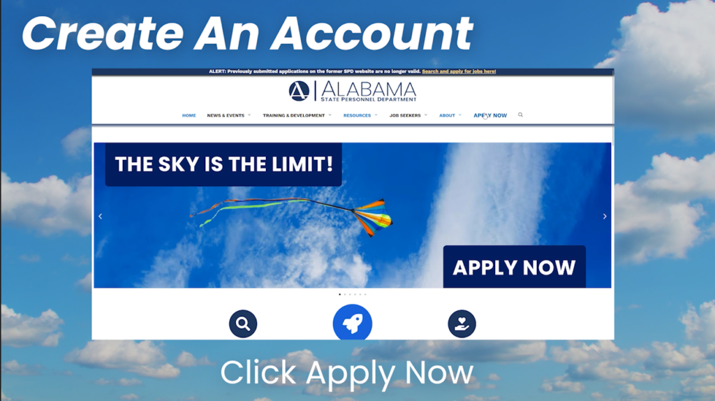 Create an Account Title text, with screenshots of the NEOGOV website and the instructions: Click Apply Now, on a cloudy day background.