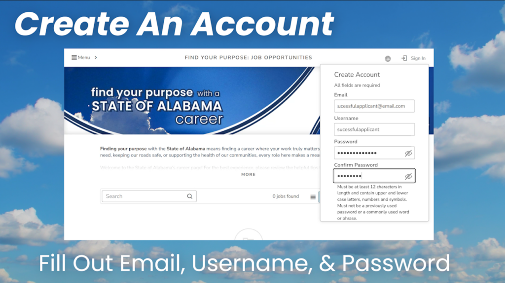 Create an Account Title text, with screenshots of the NEOGOV website and the instructions: Fill Out Email, Username, and Password, on a cloudy day background.
