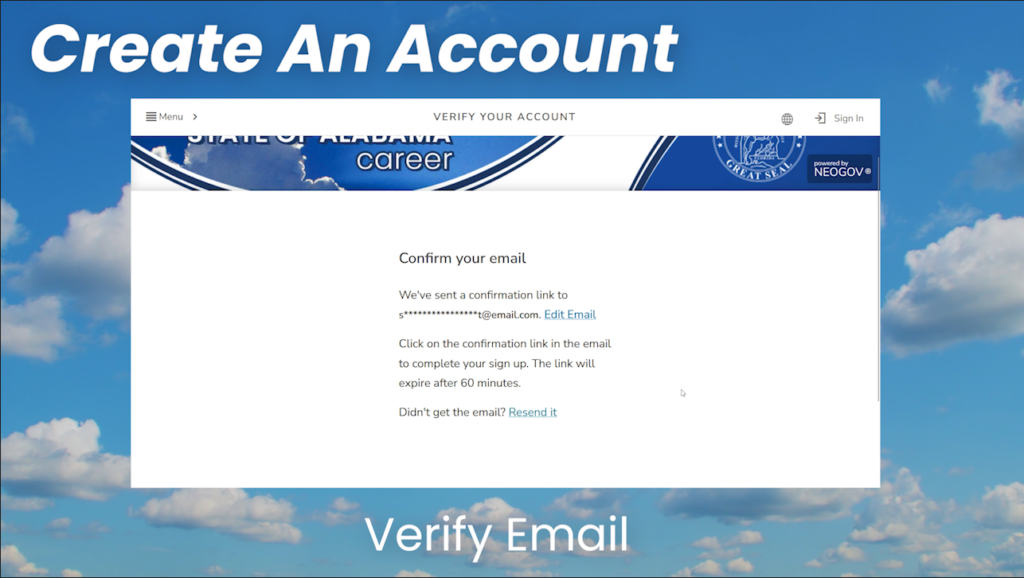 Create an Account Title text, with screenshots of the NEOGOV website and the instructions: Verify Email, on a cloudy day background.
