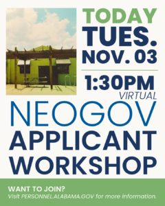 Virtual NEOGOV Applicant Workshop flyer for November 3, 2026 @1:30PM.