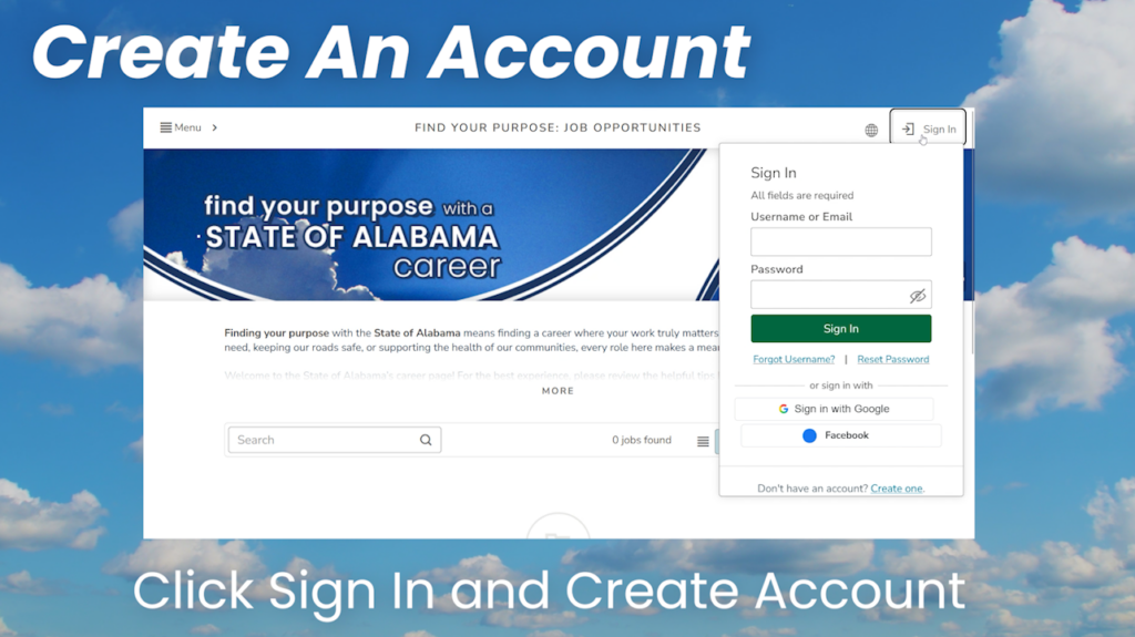 Create an Account Title text, with screenshots of the NEOGOV website and the instructions: Click Sign in and Create Account, on a cloudy day background.